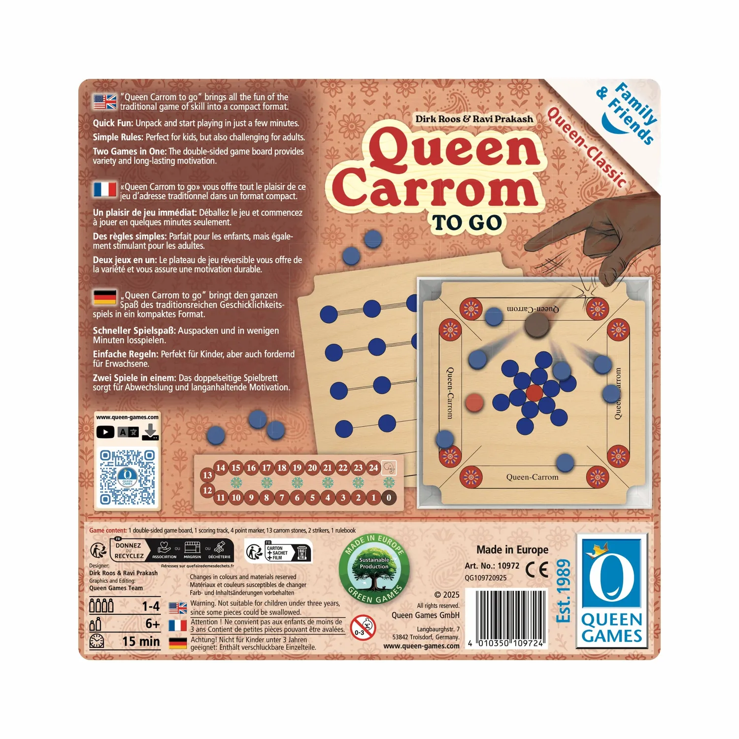 Queen Carrom Compact Edition fingerspel två spellägen