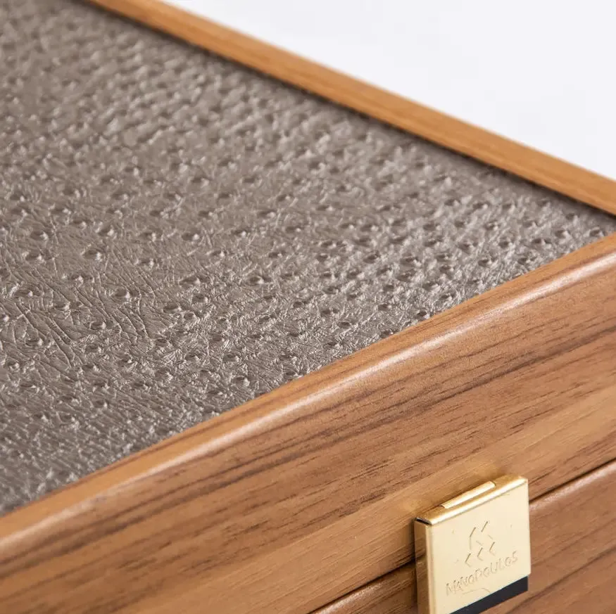Manopoulos Grey Beige Ostrich backgammon tote läderimitation