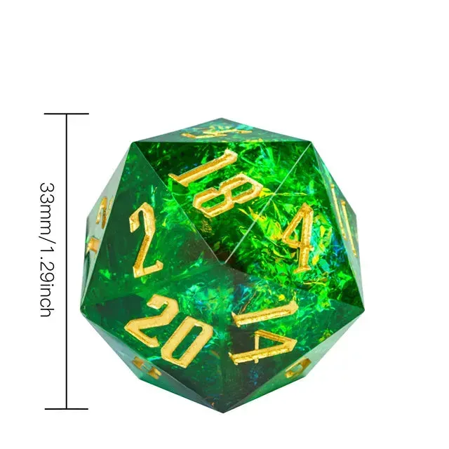Titan D20 Green Glitter tärning 33mm guldfärg