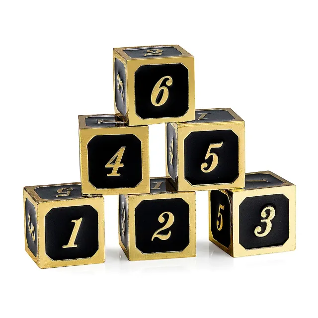 Dragon's Lair Tärningar D6 metall 14mm guld/svart 6st