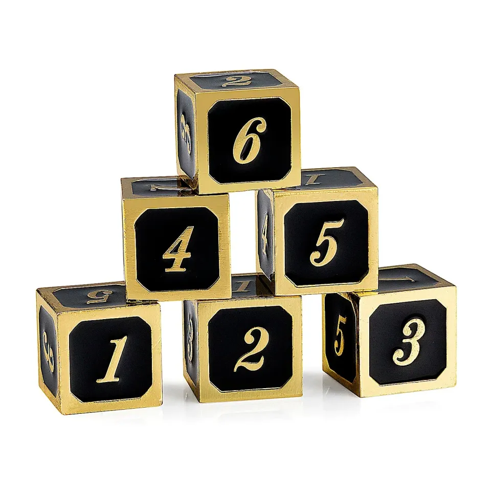 Dragon's Lair Tärningar D6 metall 14mm guld/svart 6st